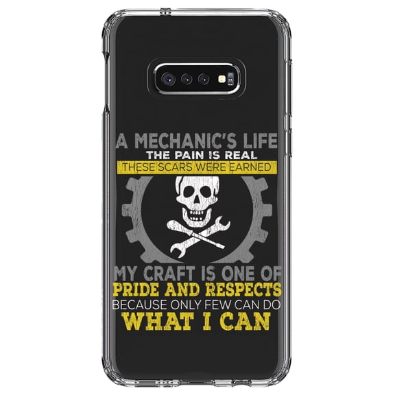 DistinctInk Clear Shockproof Hybrid Case for Samsung Galaxy S10e (5.8" Screen) - TPU Bumper Acrylic Back Tempered Glass Screen Protector - Mechanic's Life Pain Is Real Pride Respect