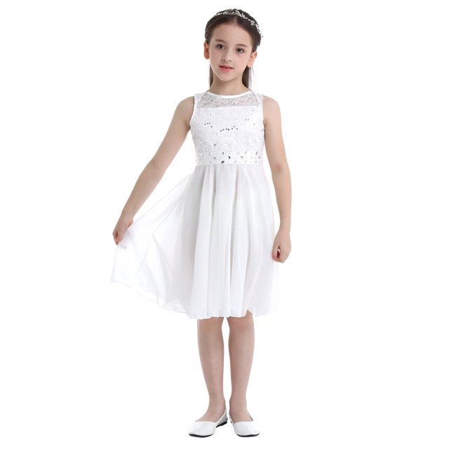 CHICTRY Robe Sans Manches en Chiffon à Sequins et Dentelle pour Filles Robe de Demoiselle d'Honneur Robe de Fête Ivoire 10