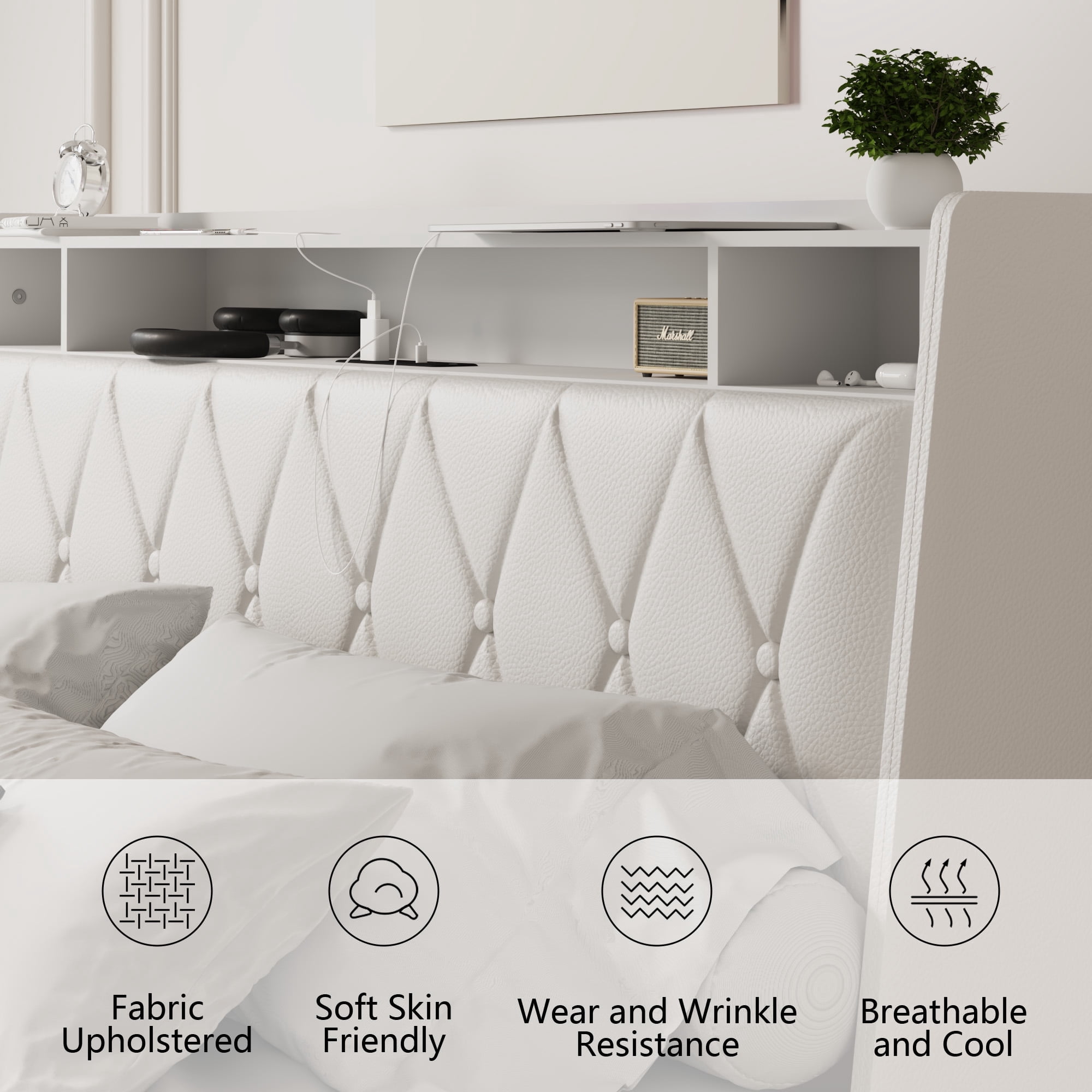 Queen Size Platform Bed Frame with Storage Shelf Headboard, Outlets & Charger, 4 Drawers