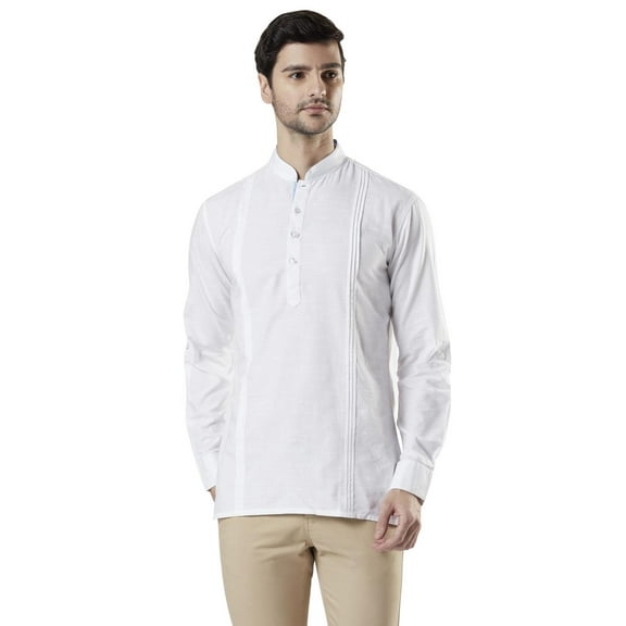 Ethnix Men's Mandarin Collar Cotton Pullover Shirt-Length Pintucked Kurta Tunic; White; MD