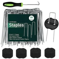 50Pcs 6 inch Garden Stakes Staples 50Pcs Gasket,  6 Inch Lawn Landscape Staples 11 Gauge U Shaped Galvanized Landscape Pins, Heavy Duty Yard Ground Pin for Weed Barrier Sod Fabric Decorations