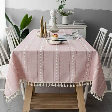 

Rectangle Tablecloth Cotton Linen Striped Cutout Tablecloth With Tassel Easy To Care Elegant Table Cover For Living Restaurant Picnic Party Garden-Pink-140*200CM