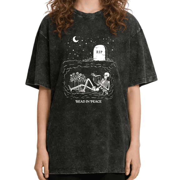 Women's Vintage "Read In Peace" Skeleton Graphic Comfortable Washed T Shirt Book Lover Black S-2XL Plus Size