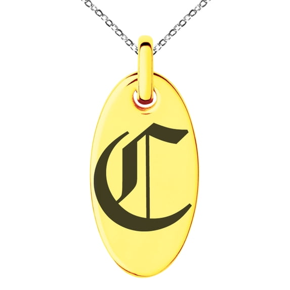 Stainless Steel Letter C Initial Old English Monogram Engraved Small Oval Charm Pendant Necklace