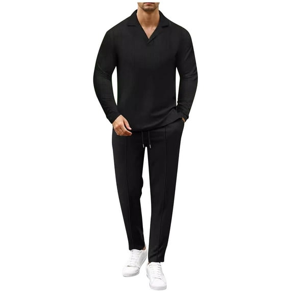 Admvng Casual Sets for Men Casual Solid Zipper Turndown Collar Shirt Drawstring Straight Leg Pants Set, Size S-3XL