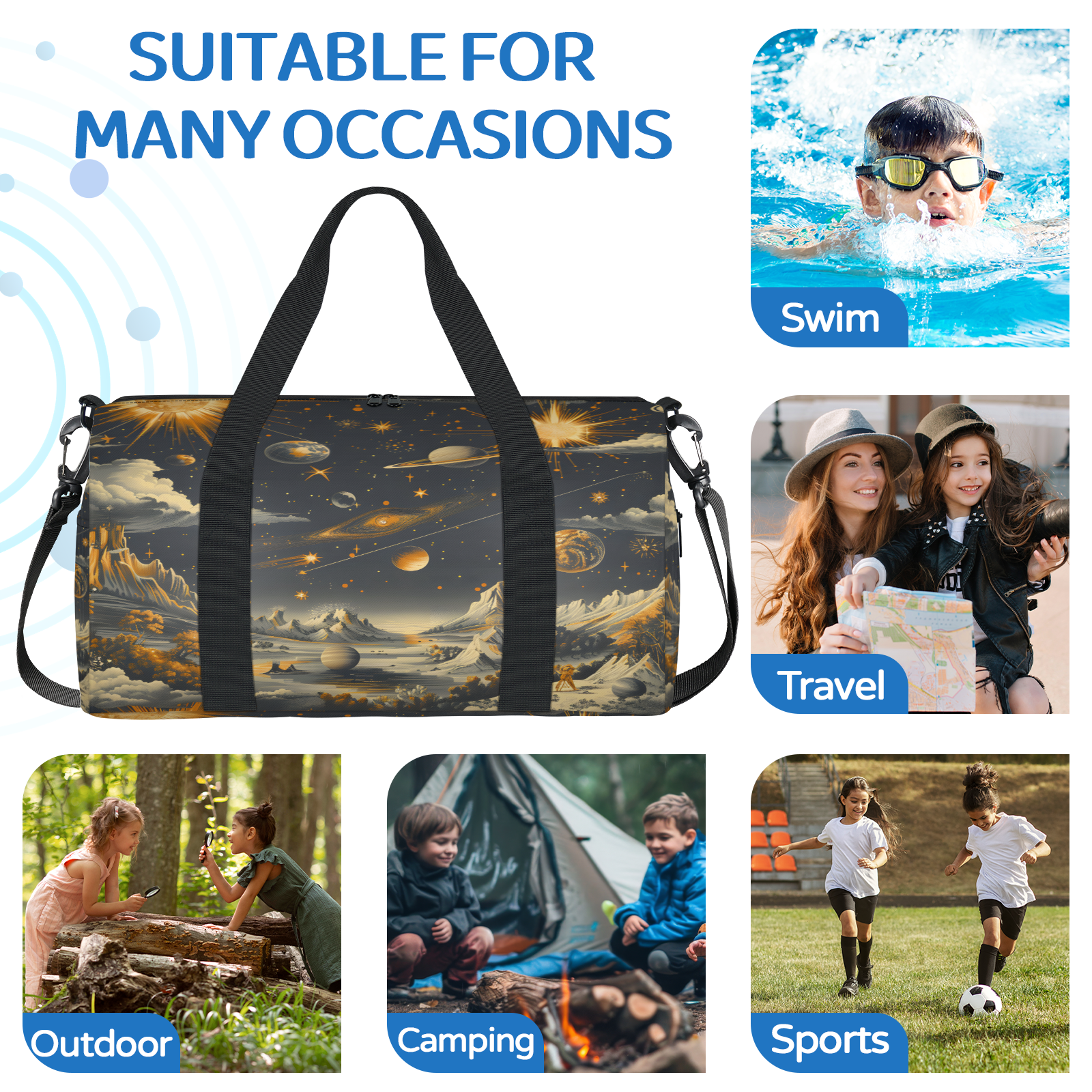 Herdesigns Galaxy Star Gym Bag for Women, Duffle Bag for Travel Sport, Outer Space Lightweight Waterproof Carry on Weekender Dance Yoga Workout Bags