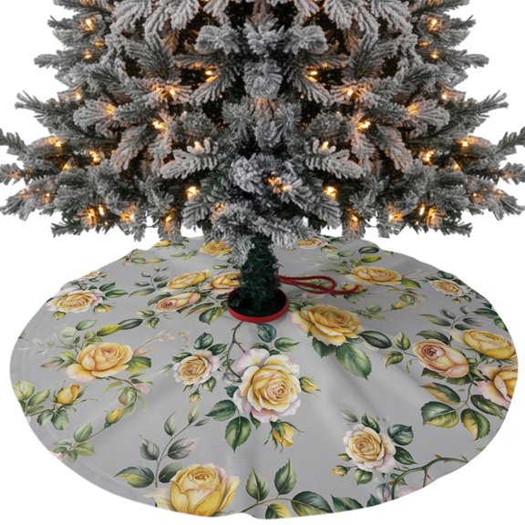 Yellow Rose Christmas Tree Skirt 36 Inches, Vintage Country Botanical Floral Vines Xmas Trees Skirt Mat Cover Decorations for Holiday Party Indoor Outdoor