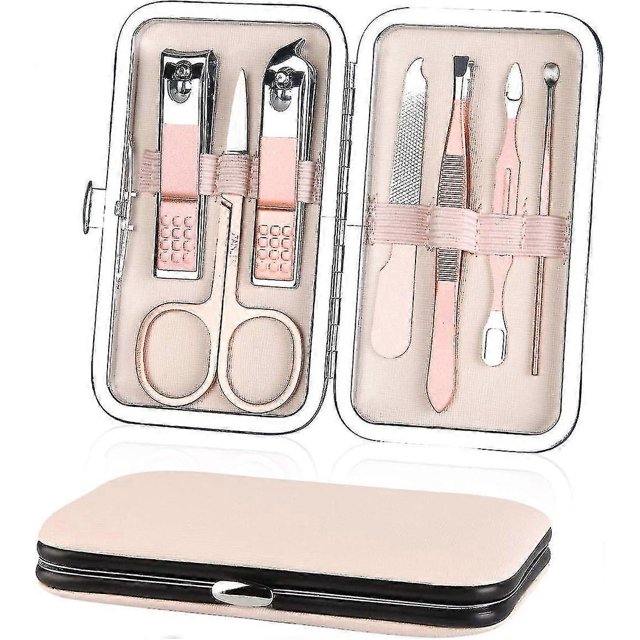 Professional Manicure Set, 7 Pcs Portable Nail Clippers & Eyebrow Grooming Kit, Stainless Steel Nail Care Tools With Luxurious Leather Case For Travel