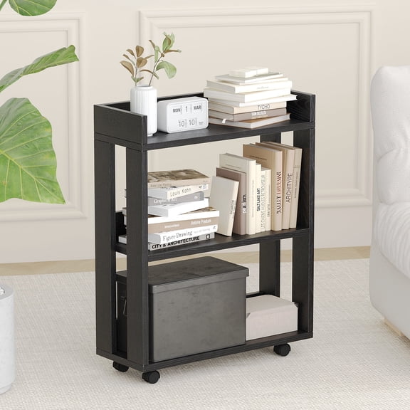 ALISENED 3 Tier Bookshelf and Bookcase with Wheels, Wood Small Nightstand, End Table Storage Rack