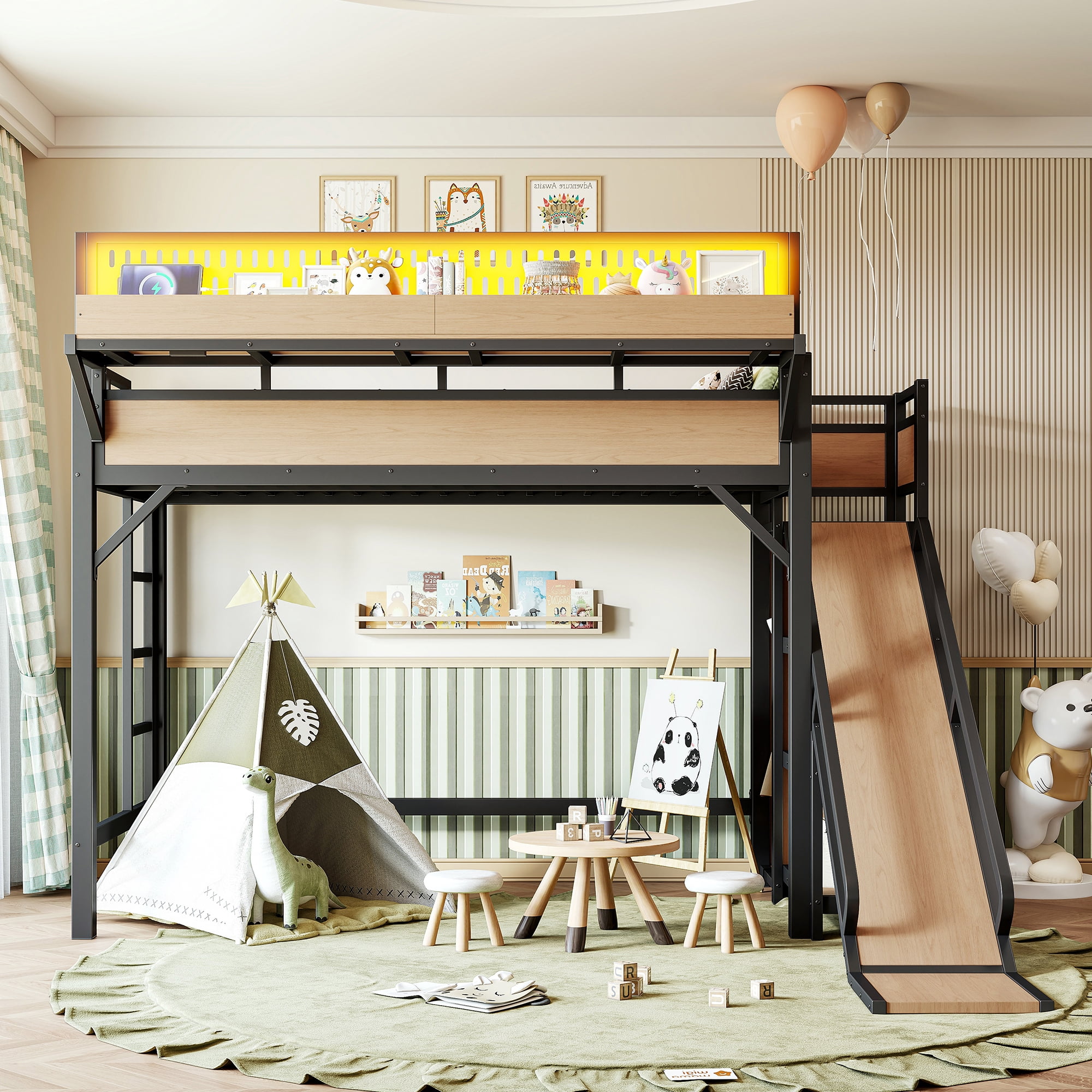 Leumius Twin XL Size Loft Bed with Slide,Storage Shelves and Built-in Wardrobe,Metal Loft Bed Frame with USB Ports and LED Lights,Pegboard,Safety and Solid,