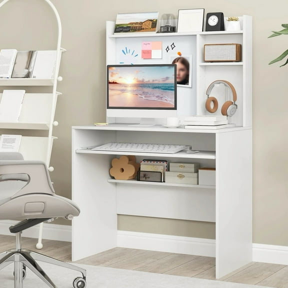 Auranook Computer Desk with Hutch, Space Saving Laptop Desk with Whiteboard, Storage Shelves, Home Office Desk with Bookshelf