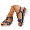 thumbnail image 3 of IWRICH Womens Wedge Sandals Flower Low Heel Dressy Sandals Elastic Ankle Strap Rhinestone Summer Comfortable Shoes Blue1 8, 3 of 9