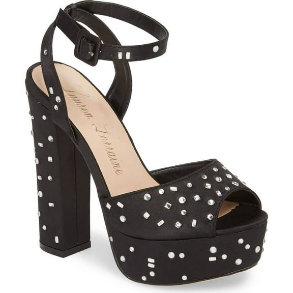 Lauren Lorraine Carrie Black Block Heel Ankle Strap Formal Platform Sandal Black