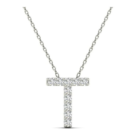 0.10 Carat Natural White Diamond Initial "T" Pendant Necklace For Women In 14K Yellow and White Gold with 18" Gold Cable Chain|Silver Chain