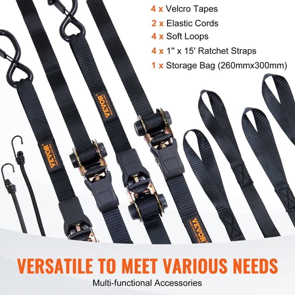 4-Piece Ratchet Tie Down Straps Set, 2200 LB Max Strength, 1 Inch x 15 Ft Cargo Straps with Comfort Handles for Moving, Lawn Equipment, Motorcycles