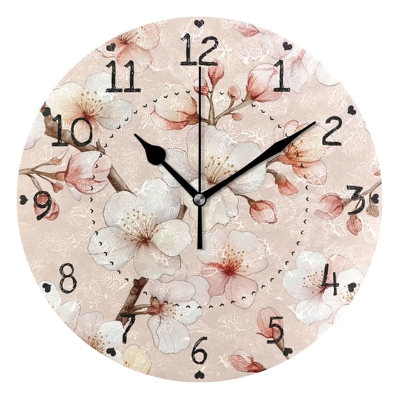 White and Pink Flowers Round Wall Clock Silent Battery Operated Home Decor for Living Room Bedroom