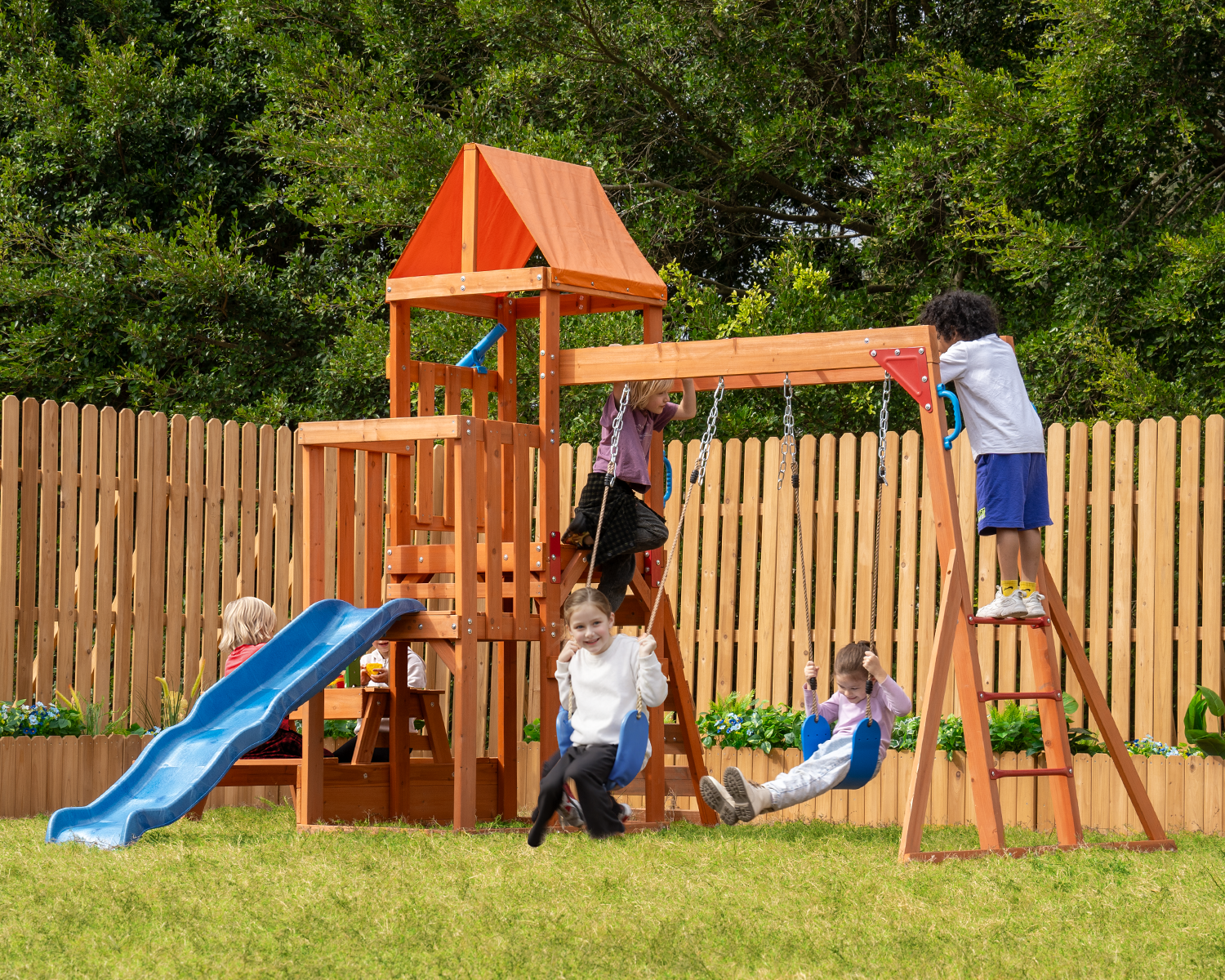 DOLPHIN PLAYGROUND Outdoor Wooden Playset with Monkey Bars, Wave Slide, Climbing Wall, Picnic/Sand Table