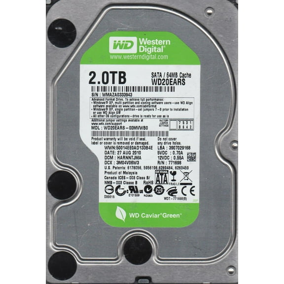 WD20EARS-00MVWB0, DCM HARNNTJMA, Western Digital 2TB SATA 3.5 Hard Drive