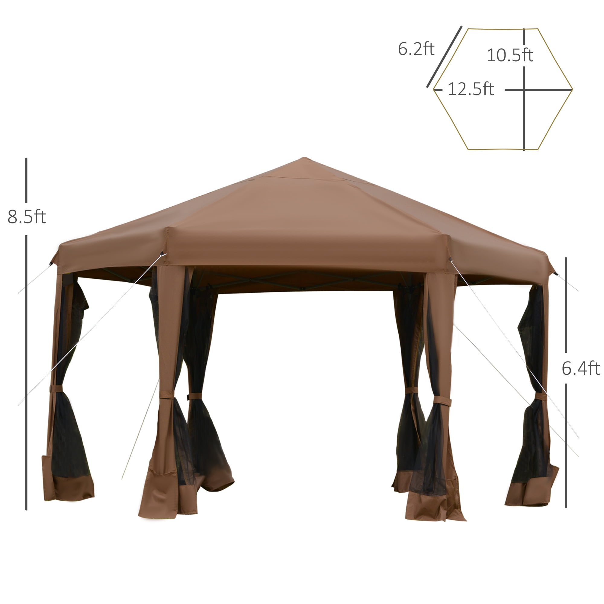 Outsunny 12.5' Pop Up Gazebo Hexagonal Canopy Tent Outdoor Shelter Pavilion Sun Protection with Mesh Sidewalls Handy Bag Dark Brown 