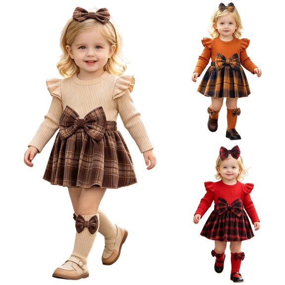 Quealent Newborn Baby Girl Plaid Flannel Ruffle Long Sleeve Romper Dress Fall Outfits Socks Headband Winter Clothes Bodysuit Jumpsuit Photoshoot Cute Vintage (Khaki, 6-9 Months)
