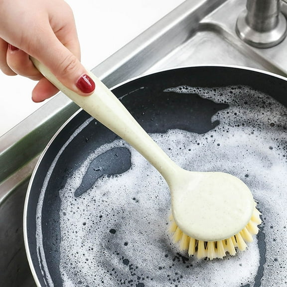 KHBUAB 4Pcs Multi Function Cleaning Brush Long Handle Beige Kitchen Dish Scrub Brushes 8.7x2.4x1.2in