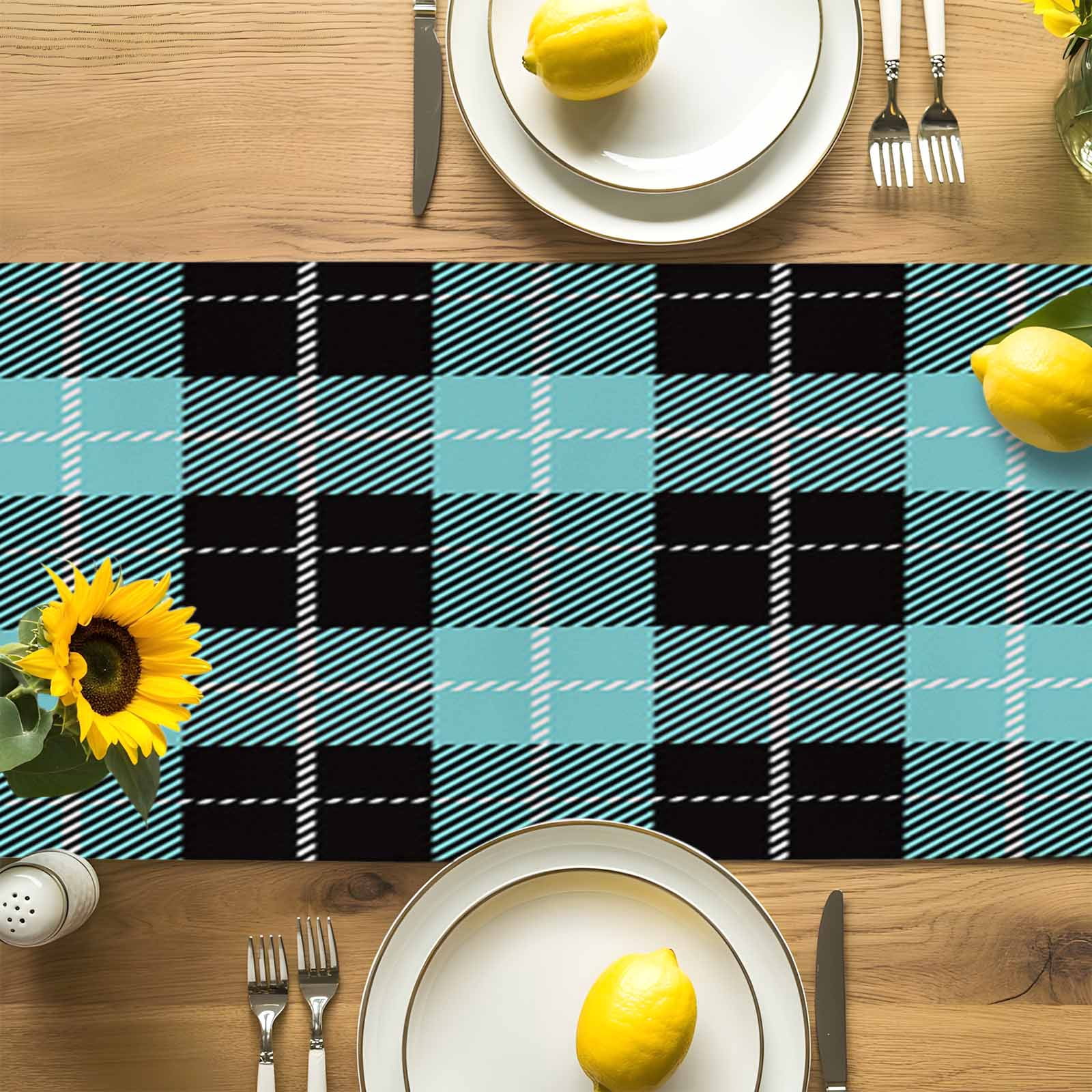Tartan Plaid Buffalo Grid Pattern Table Runner 90 Inches Long, Teal and Black Table Runners Tabletop Scarf Kitchen Dining Tables Decoration for Home Party Indoor Outdoor