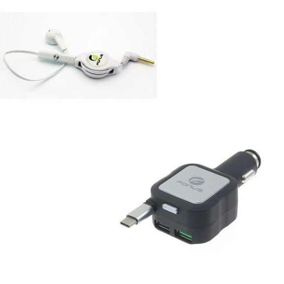 Retractable Car Charger w Headphone Retractable Mono Earphone J6P for Acer Liquid Jade Primo - Alcatel PulseMix, 7, Idol 5S 5 4S - ASUS Zenfone V Live, ROG Phone, AR 6 5z 4 Pro