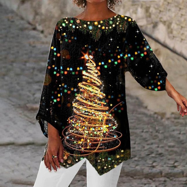 Meichang Hauts d'Automne pour Femmes Grande Taille T-Shirts Graphiques Pailletés Arbre de Noël Légers à Manches Longues Col Ras du Cou Chandail de Noël Hauts des Fêtes