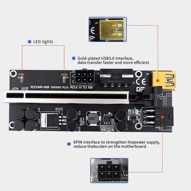 Clear Placa elevadora Pci-e 1x a 16x tarjeta elevadora extensora Gpu adaptador USB 3,0 Gpu de 6 pines