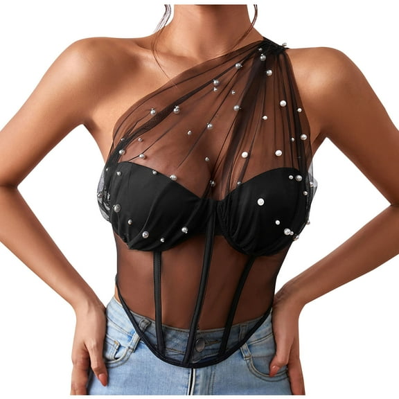 Mittory One-Shoulder Sheer Corset Top Strapless Mesh Bustier Boned Back Zip Crop Top