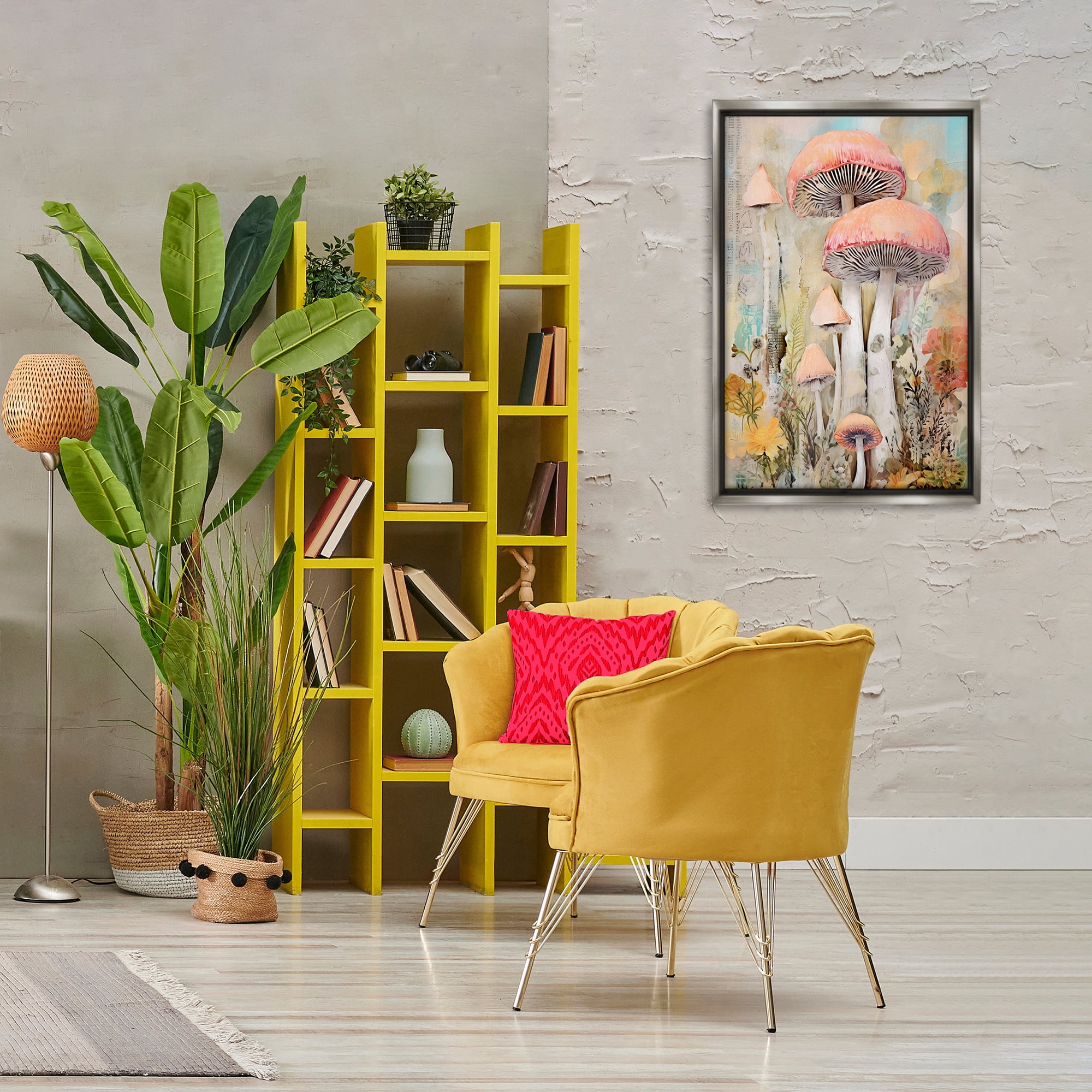 Stupell Industries Soft Collaged Mushrooms Plants & Flowers Painting Gray Floater Framed Canvas Art Print Wall Art, 21 x 31