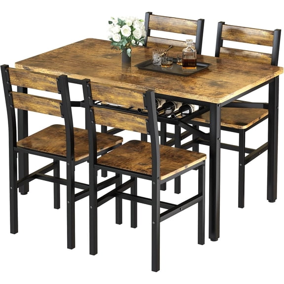 MOOSENG 5-Piece Dining Table Set with Wine Rack, Wood Kitchen Table and Set of 4 Chairs, Space-Saving Farmhouse Dinette Set for Breakfast Nook, Apartment Brown
