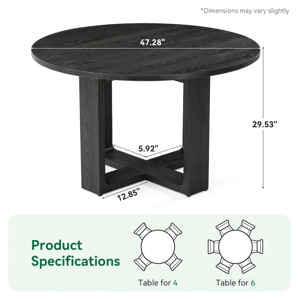 Hommoo 47-Inch Round Solid Wood Dining Table, Sturdy Cross-Base Kitchen Table for 4 to 6 People, Farmhouse & Modern Style, Black