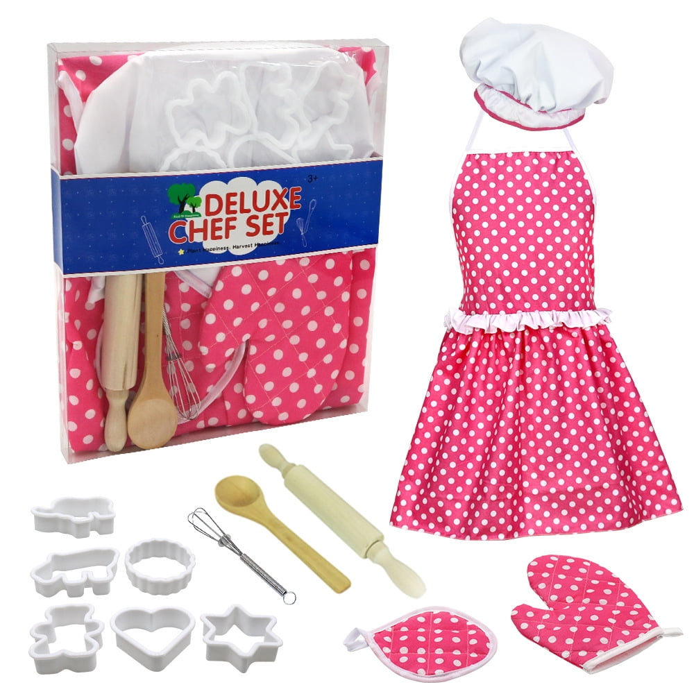 PCGAGA Kids Cooking and Baking Set 13 Pcs Kids Chef Role Play Includes Apron for Little Girls Mitt & Utensil for Toddler Dress Up Chef Costume for 3 Year Old Girls and Up Chef Hat Blue 