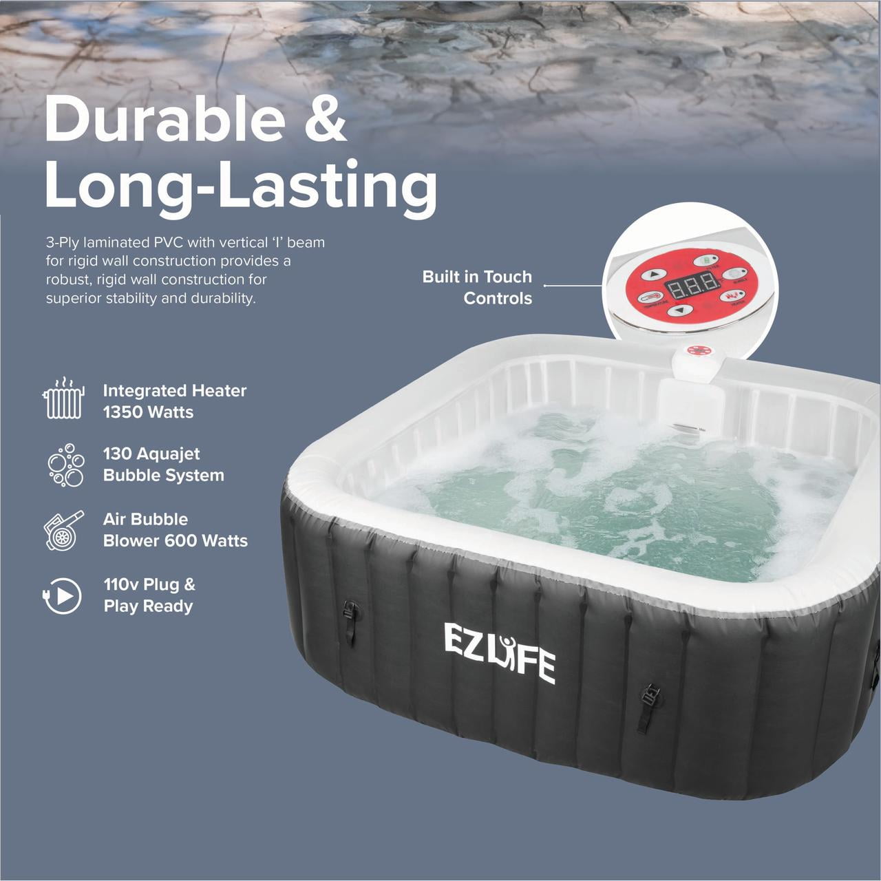 6 Person Inflatable Square Hot Tub Spa with LED Lights