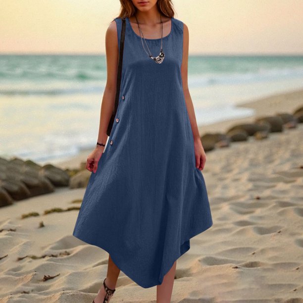 mfyjkho Vestidos para mujer, Vestido irregular de color liso para mujer, suelto, sin mangas, con cuello redondo y botones laterales Vestidos maxi para mujer s