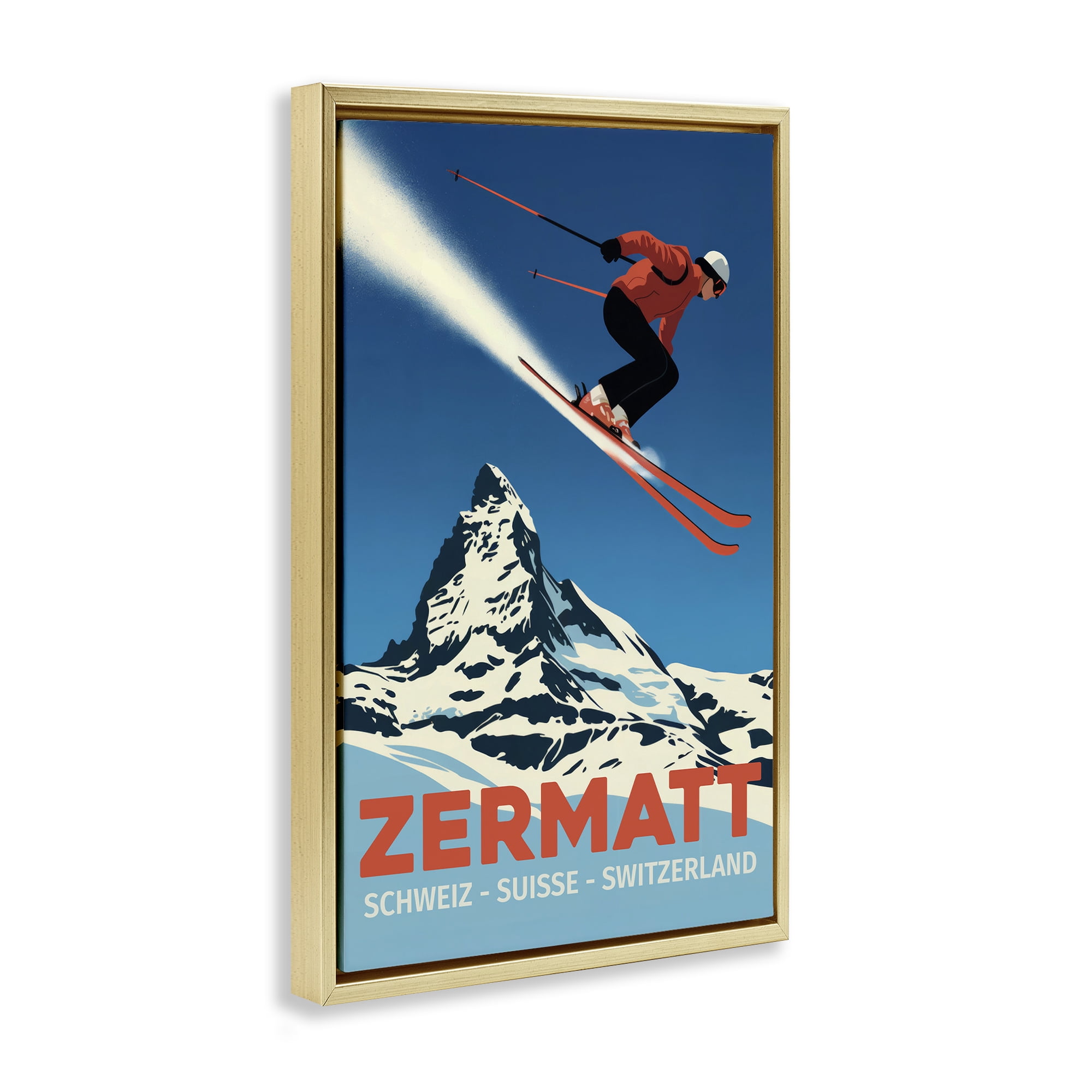 Stupell Industries Zermatt Ski Poster Gold Framed Floater Canvas Wall Art, design by Andreas Magnusson
