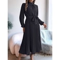 thumbnail image 4 of Women'S Long Sleeve Pleated Dress Casual Semi Formal Church Dress Mock Neck A Line Flowy Midi Dresses with Belt, 4 of 8