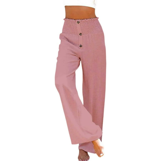 Pantalones palazzo de lino de cintura alta y pierna ancha para mujer, con cordón y bolsillos