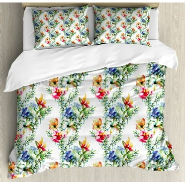 Flower Decor Queen Size Duvet Cover Set, Shabby Chic Decor Mimosas Daisies Flowers Leaves Buds Lilacs Artwork Print, Decorative 3 Piece Bedding Set with 2 Pillow Shams, Multicolor, by Ambesonne