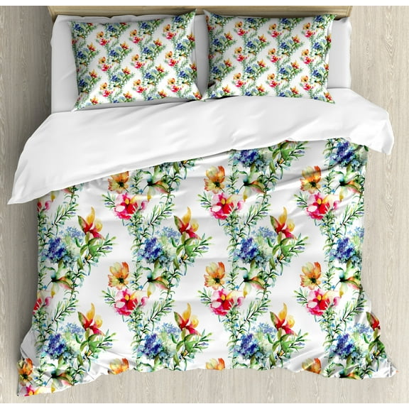 Flower Decor Queen Size Duvet Cover Set, Shabby Chic Decor Mimosas Daisies Flowers Leaves Buds Lilacs Artwork Print, Decorative 3 Piece Bedding Set with 2 Pillow Shams, Multicolor, by Ambesonne