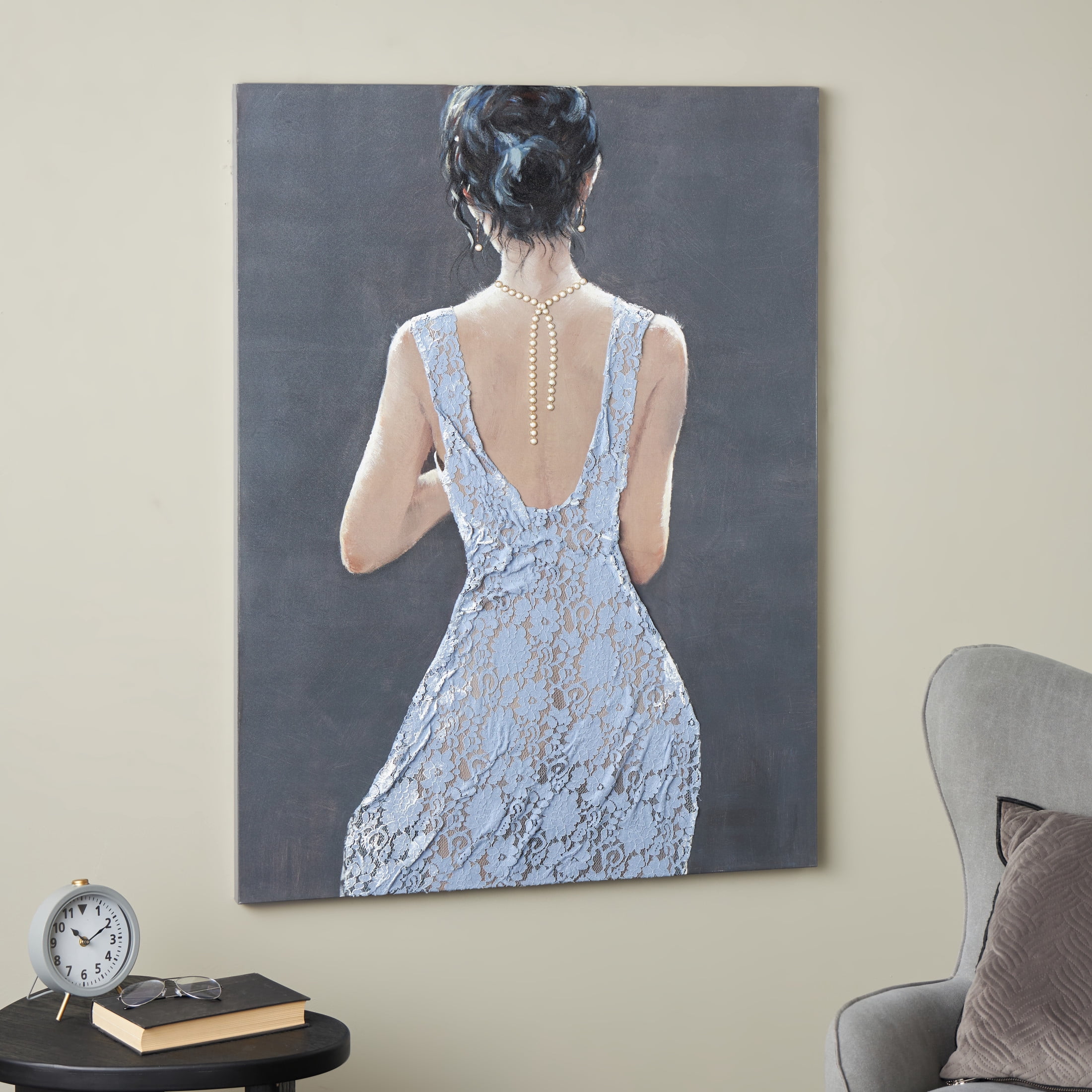 36" x 48" Woman Framed Wall Art with 3D Blue Fabric Dress and Gold Jewels, by DecMode