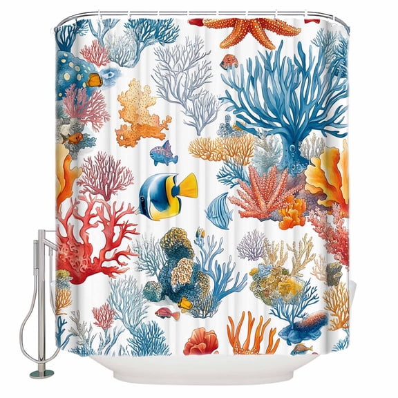 Extra Long Shower Curtain 72x84 Inch, Red Blue Coastal Shower Curtain Waterproof Bathroom Decor Coral Fish Summer Beach Ocean Fabric Bath Curtain Set Accessories with Hooks