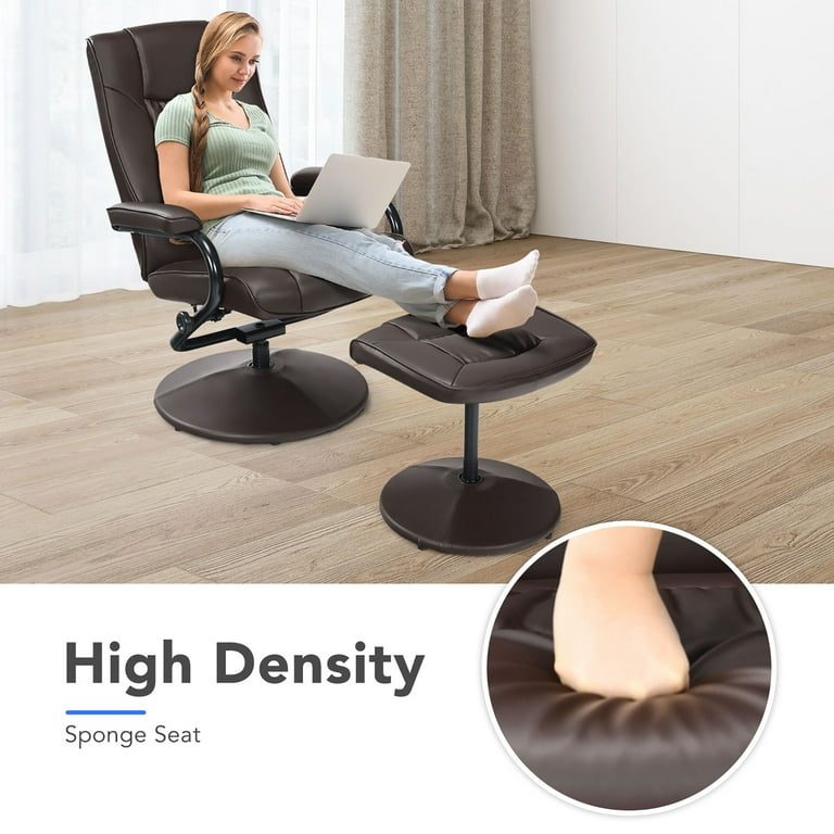 Costway 360 Swivel Recliner Chair PVC Leather Lounge Accent Armchair w Ottoman Brown