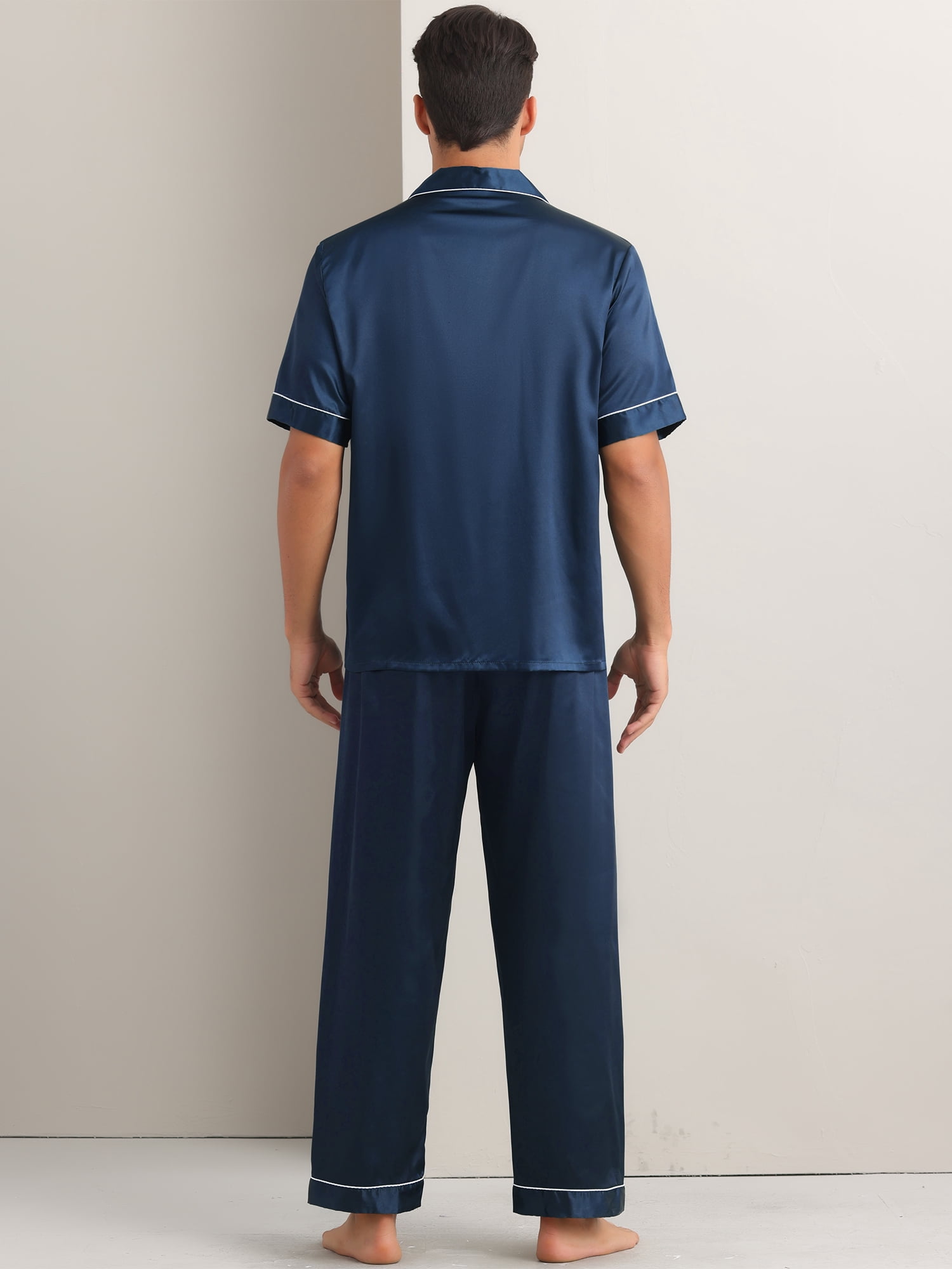 DARING DIVA Men's 2-Piece Pajama Set Button Down Short Sleeve Shirt Pants S Navy Blue