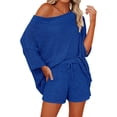 thumbnail image 2 of 2 PCS Off Shoulder Women's Outfits Sweater Sets Knit Top Shorts Matching Suits Cute Pajama Lounge Set, 2 of 6
