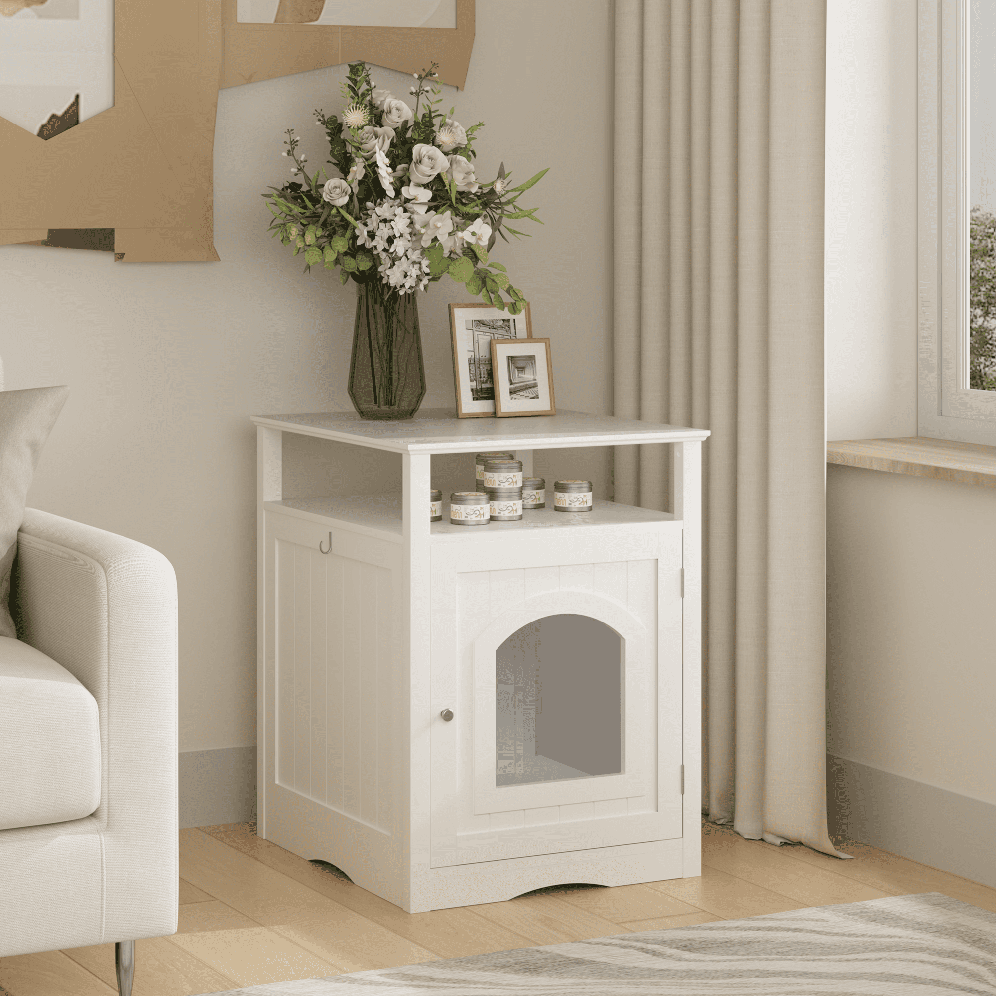 Garmic Modern Cat Condo Side Table with Open Top Shelf & Side Hook, Indoor Wooden Cat House with Enclosed Cabinet,  for Cat Litter Box Enclosure Living Room & Bedroom, White
