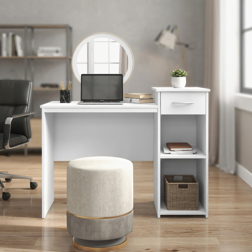Yardi Yard Computer Desk with Drawer Modern Laptop PC Desk with Adjustable Shelf and Cable Hole-White, Computer Desk, Gaming Computer Desks for Study,Working,Writing