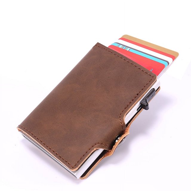 Funda para tarjeta RFID con textura de PU y carcasa de aluminio y metal con inserción lateral automática para tarjetas emergentes