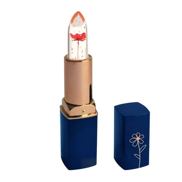 Lip balm lipstick moisturize Lip Care Plastic Free Dark Blue Tube Transparent Dried Flower Lipstick Gold Leaf Jelly Color Changing Moisturizing Lip Balm(Buy 2 save 10%)